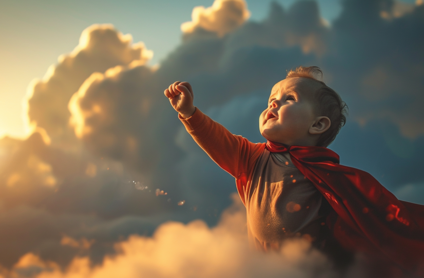 A child wearing a superhero cape floating in the clouds, embracing their inner hero with style and grace.